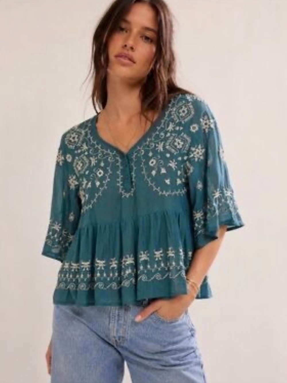 Free People Pennies Sequel Embroidered Floral Peasant Blouse Sheer Teal Boho XS